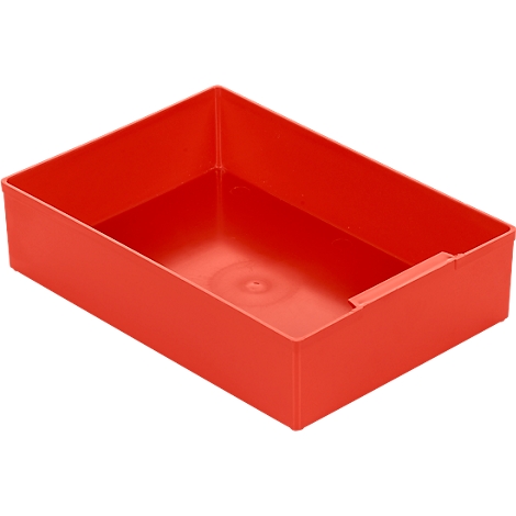 Red, rectangular plastic box with raised edge, view from above.