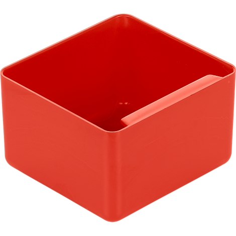 Red, square container with handle. Sides, bottom and handle are visible.