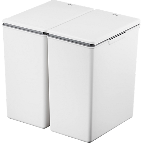Deux poubelles blanches avec couvercles côte à côte.