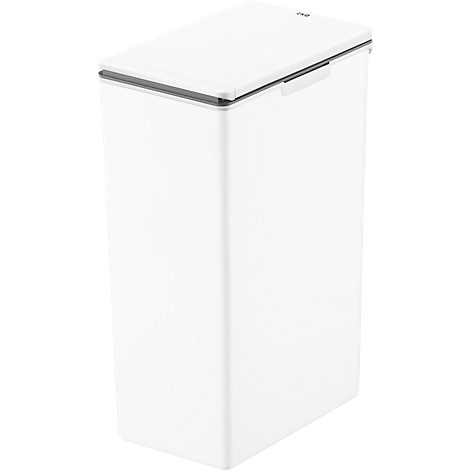 Poubelle blanche rectangulaire avec couvercle rabattable. Le couvercle est légèrement ouvert.