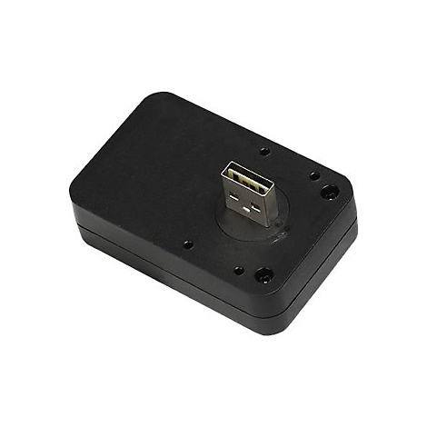 Schwarzer USB-Adapter; rechteckige Form. Der USB-Anschluss ist in einer Aussparung eingelassen.