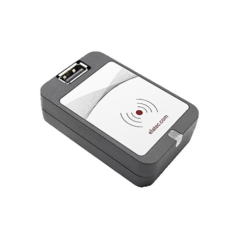 Grauer, rechteckiger Kartenleser mit USB-Anschluss. Auf der Oberseite weißes Feld mit Funkwellen-Symbol und rotem Punkt, sowie elatec.com.