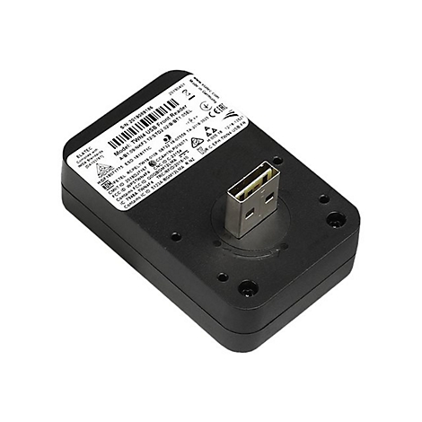Schwarzes, rechteckiges Gerät mit einem USB-Anschluss, das an einem Ende aus dem Gehäuse herausragt. Auf der Oberseite befinden sich Beschriftungen.