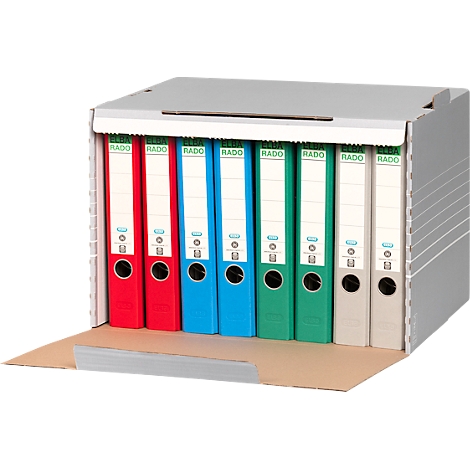Ordners in een archiefdoos. Rode, blauwe, groene en grijze ordners staan naast elkaar.