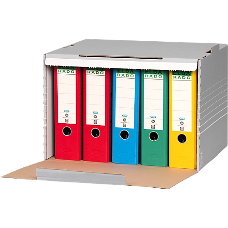 Grijze archiefdoos met vier ringbanden in rood, blauw, groen en geel. Op de ringbanden staat de tekst "ELBA RADO".