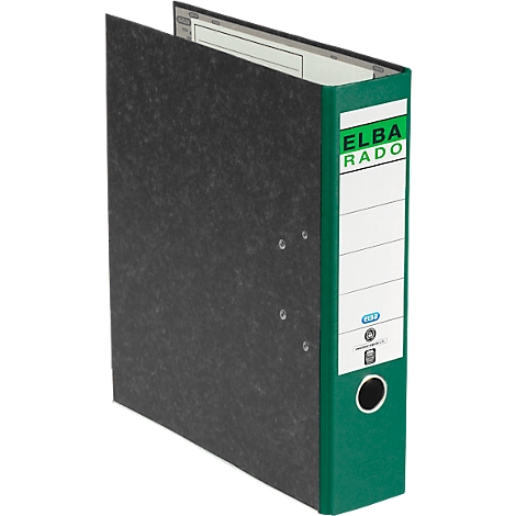 Black binder with green spine, with labels and "ELBA RADO" logo.