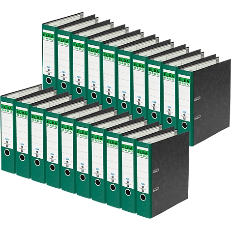 Green ELBA folders, partially closed, standing side by side. Black folders are behind.