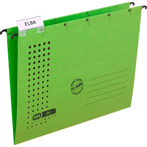 Green hanging file folder. The tab reads "ELBA". There are markings for perforations on the folder.