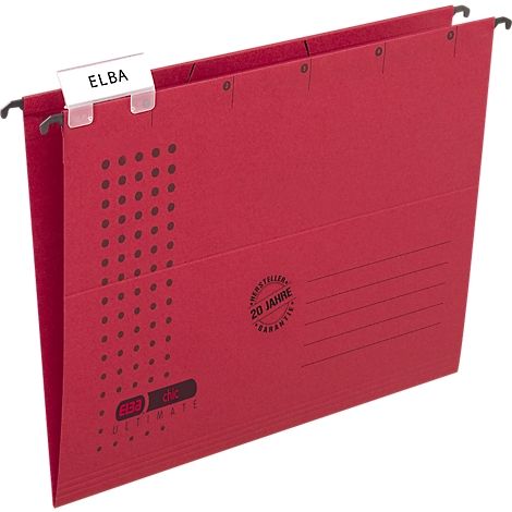 Red hanging file folder with white ELBA label.