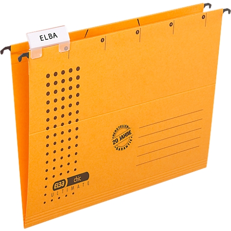 Orange hanging file with ELBA label, black hooks, detail view.