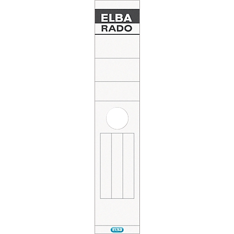 Smalle witte kaart met "ELBA RADO" en drie verticale rechthoeken.
