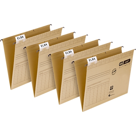 Five brown hanging folders with white ELBA labels. The folders are open and printed with tables.