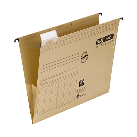 Brown paper hanging file with black hooks and white label, text: "ELBA Vertic ULTIMATE".