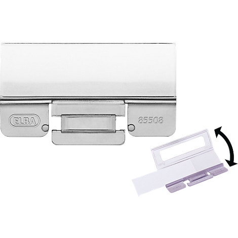 Metal file binder mechanism with labeling. Below is an insert with an arrow indicating direction.
