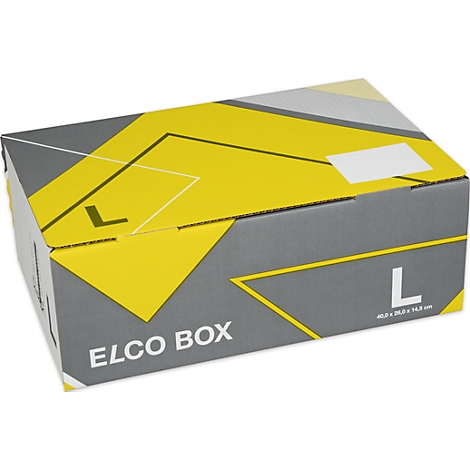 A gray and yellow ELCO box is shown at an angle, featuring the letter "L" and the words "ELCO BOX."