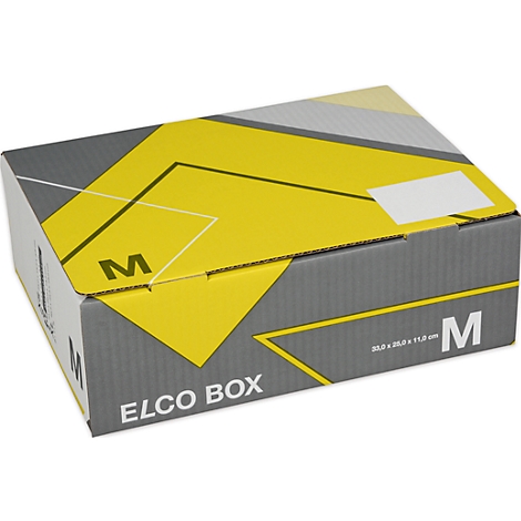 Grey and yellow cardboard box with the inscription "M" and "ELCO BOX". Printed size information.