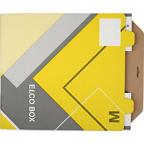 Yellow-gray box, inscribed "ELCO BOX", detail of the carton, marked with "M".