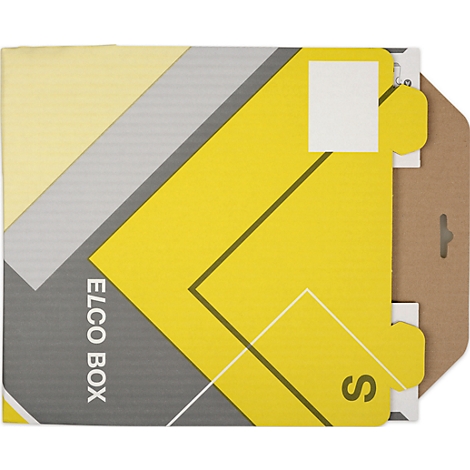 Yellow and gray cardboard box with a black line pattern containing "ELCO BOX" and an "S". The box has a brown section.