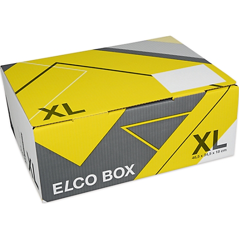 A yellow XL cardboard box with grey elements and the inscription ELCO BOX.