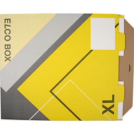 Yellow and gray box with "ELCO BOX" and "XL" lettering. On a white background.