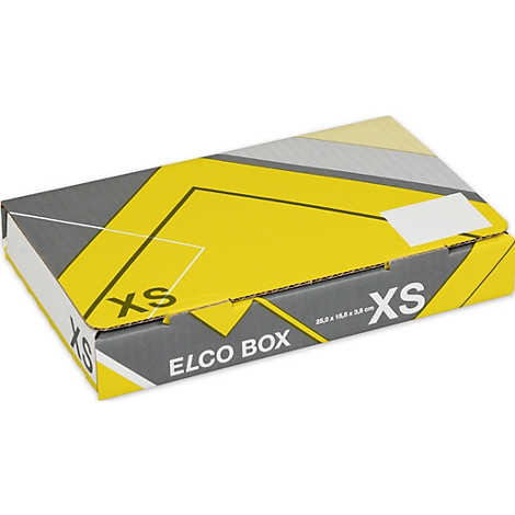 Yellow and grey box printed with "XS" and "ELCO BOX". Size details are printed on the box.