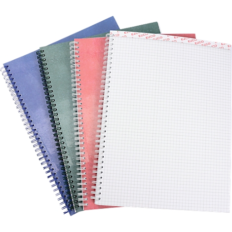 Five spiral notebooks in blue, green, pink, and white. The white page is squared.