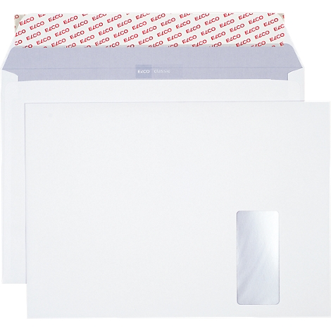 A white envelope with a window and an open envelope with red lettering.