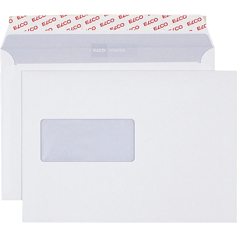 Two white envelopes, one open, with a window. The adhesive strip reads 'ELCO' in red.