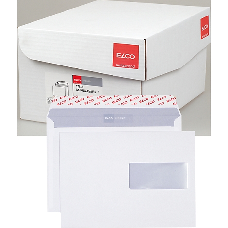 White envelopes with a window, boxes with the red ELCO logo and 'Switzerland' written on them.