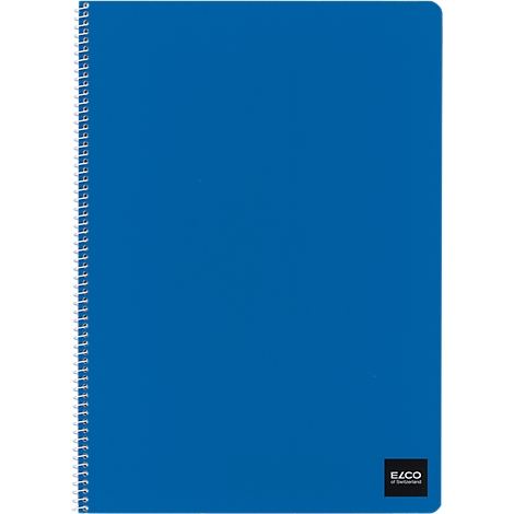 Blue spiral notebook. Spiral binding on the left, manufacturer at the bottom right.