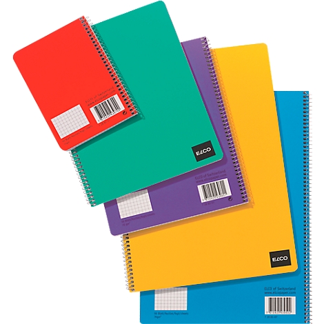 Overlaid multi-colored spiral notebooks. Red, green, purple, yellow, and blue notebook. Each has grid and barcode.