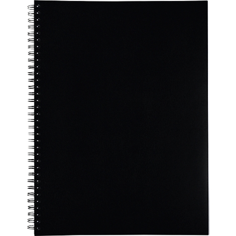 Black notebook with spiral binding. The pages are blank.