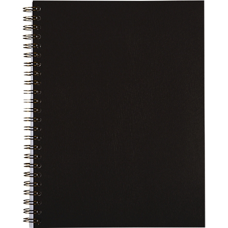 A black notebook with a gold spiral binding, resting on white paper.