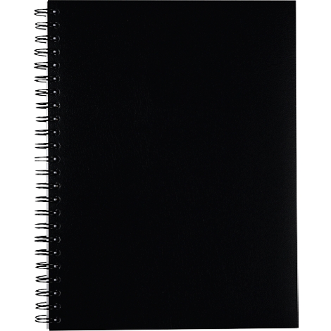 A black notebook with spiral binding.