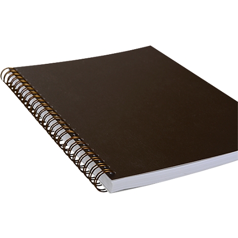 Dark brown spiral notebook, open double page, copper-colored spiral binding.