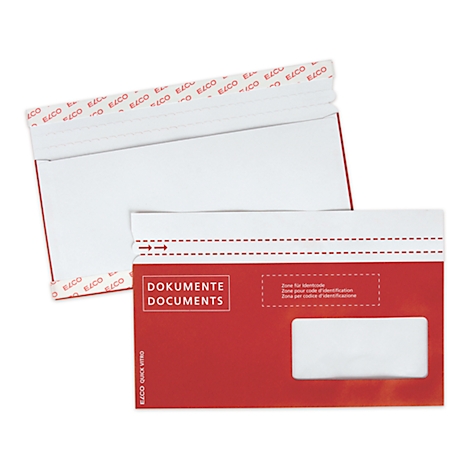 Two red document envelopes. One open, one closed, with a viewing window and printing.