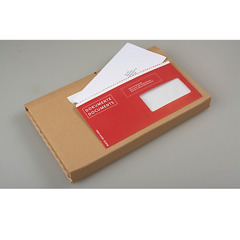 A red document envelope in a brown box, with a white sheet underneath. Text on the envelope.