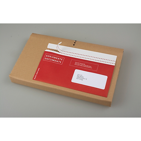 A brown cardboard box with a red document pouch, partially open. The pouch says "Documents".