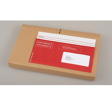 Red document in a brown cardboard box, with white address field, inscription 'Documents'.