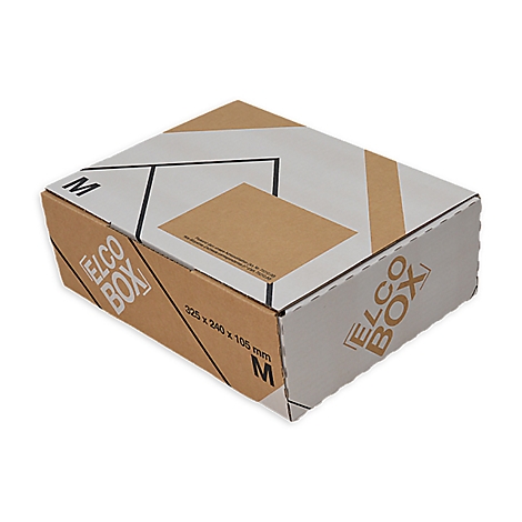 Boîte ELCO rectangulaire, marron et blanc. Imprimé avec "ELCO BOX", taille et "M".