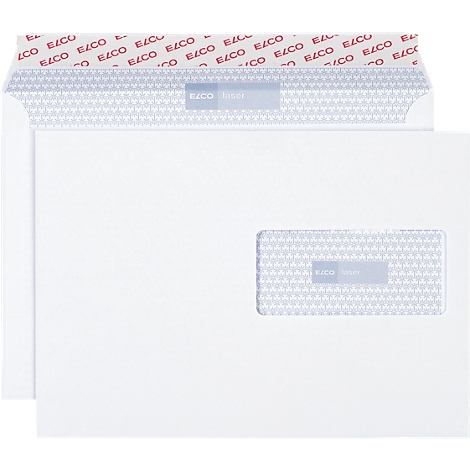 Two white envelopes, one with a window and brand logo, the other open. Adhesive strip with red ELCO lettering.