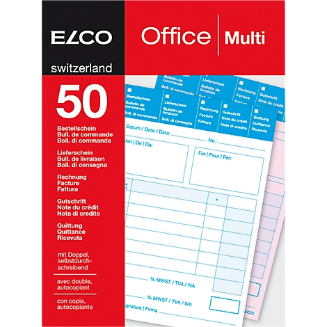 View of a block of forms. EZCO logo, 50 sheets, with texts such as invoice, delivery note, credit note and more.