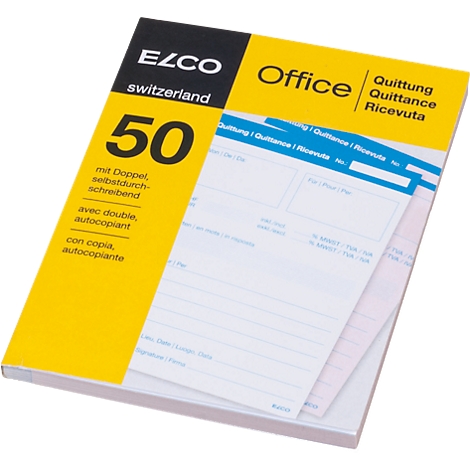A yellow EZCO office receipt pad, partially open. The pad contains text in German, French, Italian, and English.