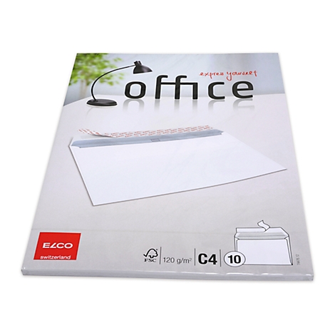 A white envelope is lying on a white surface. The word "office" is at the top, with a small black office desk underneath. The ELCO logo is in the bottom left.
