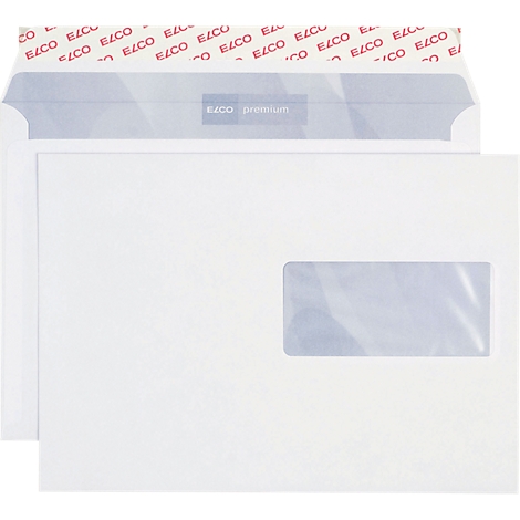 A white envelope with a viewing window. The envelope is from the ELCO brand.
