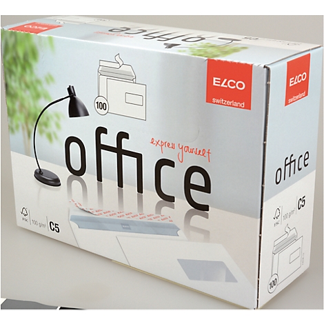 Box of office supplies with 'office' print, ELCO logo. Inscription 'express yourself'.