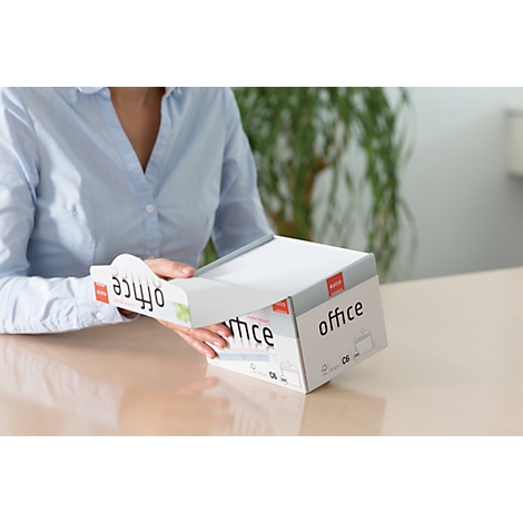 Person opening an office box labeled "office".