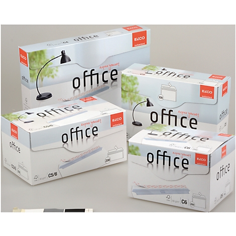 Multiple office supply packages, white with black text and red logos. "Office" printed on them, plus a lamp illustration.