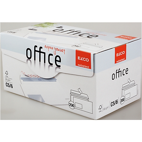 White office box with red accent. "Office" is written in large letters, below: "Express yourself". Logos: Elco, Switzerland.