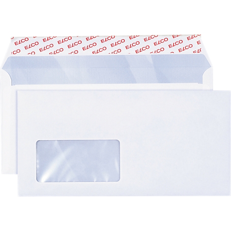 White envelope with window and red lettering on the closure. An envelope is lying open next to it.